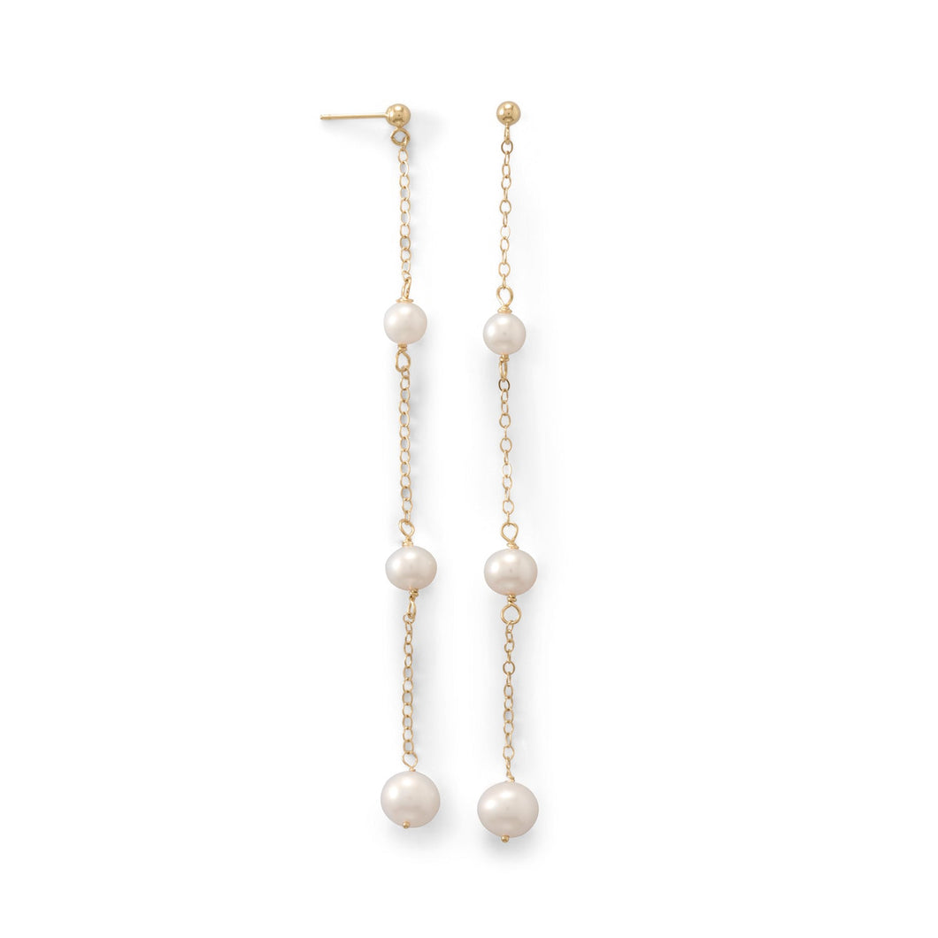 Gold Post Earrings with Three Cultured Freshwater Pearl Drop