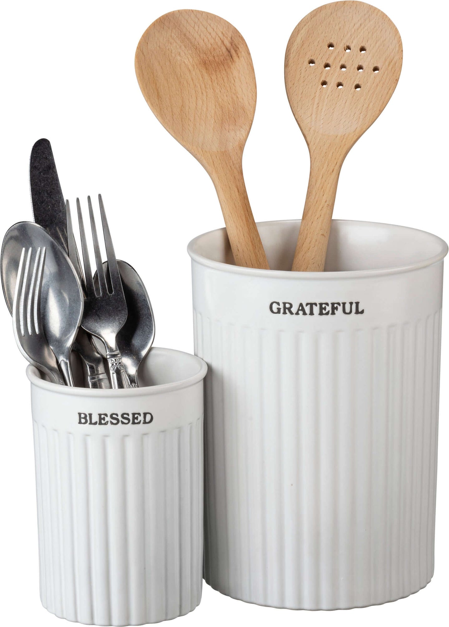 White Ceramic Grateful Blessed Utensil Holder Set