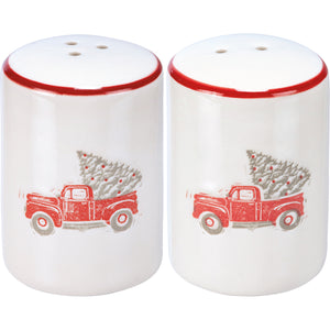 White Ceramic Red Truck with Tree Salt and Pepper Set
