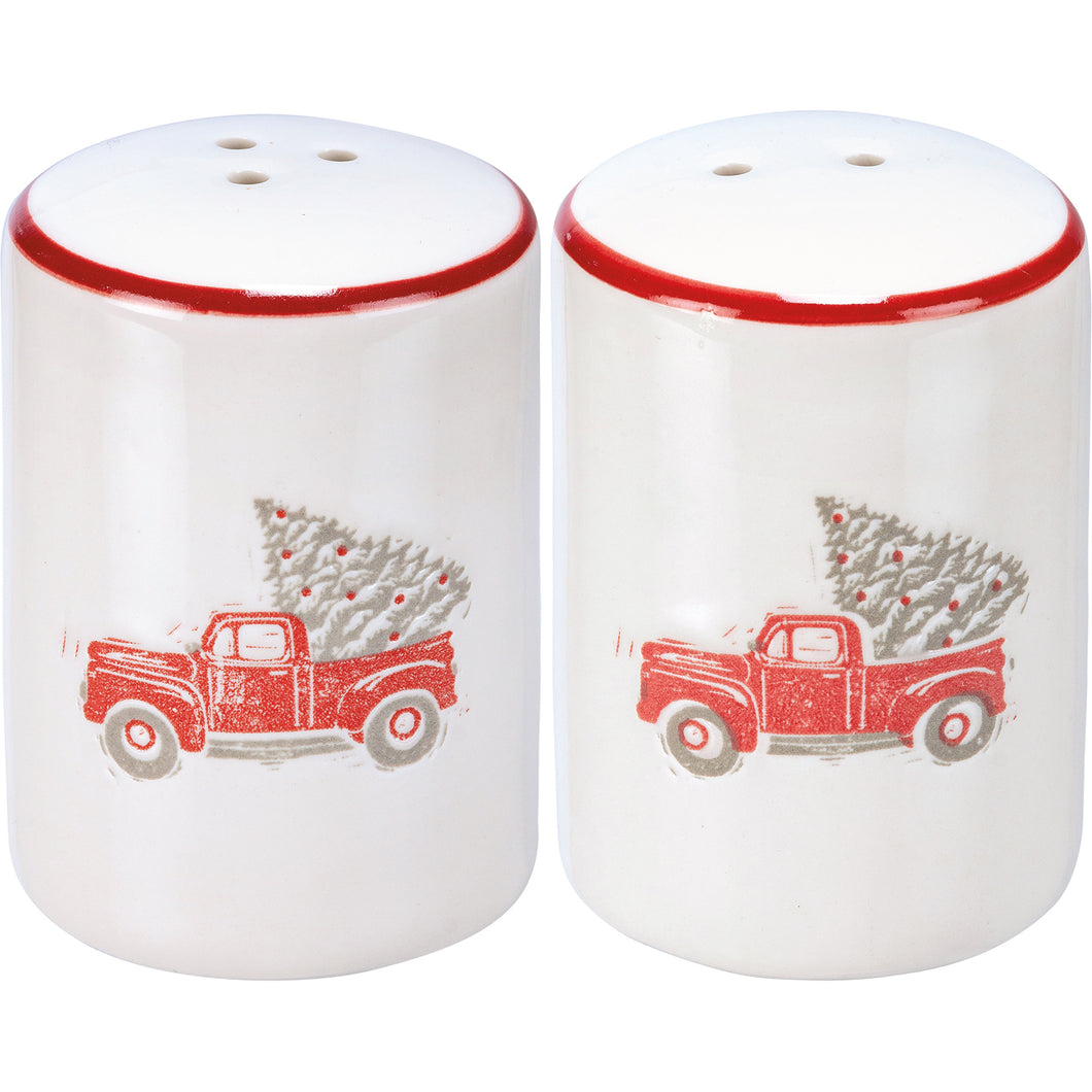 White Ceramic Red Truck with Tree Salt and Pepper Set