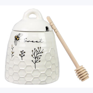 White Honey Bee Sweet Ceramic Honey Pot Jar Set