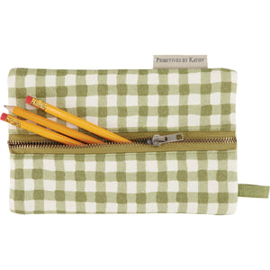 Olive Green Gingham Check Cotton Zipper Pencil Pouch