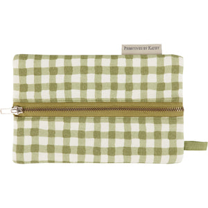 Olive Green Gingham Check Cotton Zipper Pencil Pouch