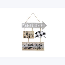 Load image into Gallery viewer, Wood Bear Welcome Sign Buffalo Plaid Happy Place
