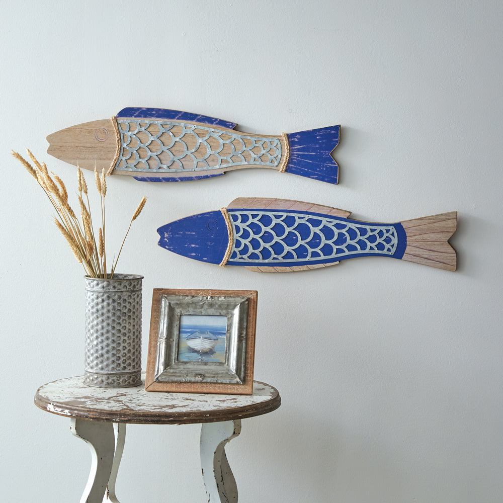Blue Metal and Wood Fish Wall Sign