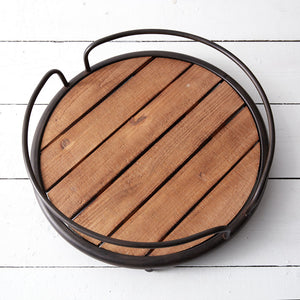 Plank Wood and Metal Round Tray