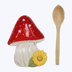 Ceramic Cottage Core Mushroom Spoon Rest with Wood Spoon Set