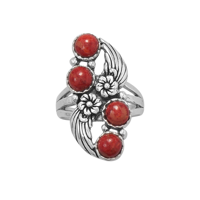 Floral Design Dyed Red Coral Ring