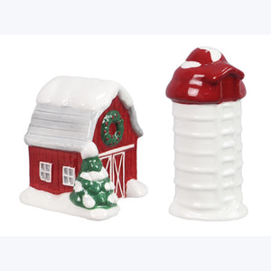 Ceramic Country Christmas Barn Salt and Pepper Set