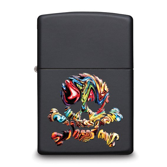 Zippo Black Matte Colorful Skull and Crossbones Design Lighter