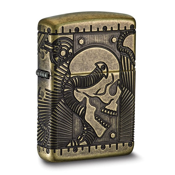 Zippo Armor Antique Brass Multi Cut Skull with Gears Lighter