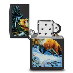 Zippo Black Matte Linda Picken Fox in Snow Color Image Lighter