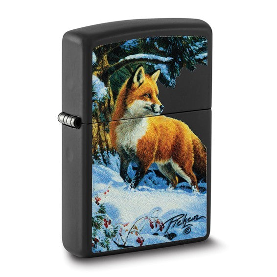 Zippo Black Matte Linda Picken Fox in Snow Color Image Lighter