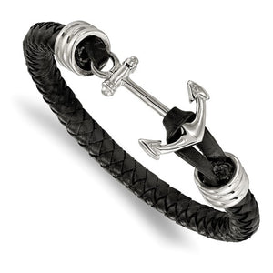 Chisel Stainless Steel Polished Anchor Black Braided Leather Bracelet