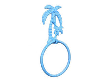 Load image into Gallery viewer, Light Blue Whitewashed Cast Iron Palm Tree Towel Holder