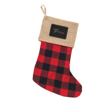 Load image into Gallery viewer, Personalized Black Patch Black Buffalo Check Burlap Stocking