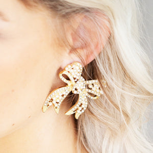 Golden Rhinestone Bow Earrings