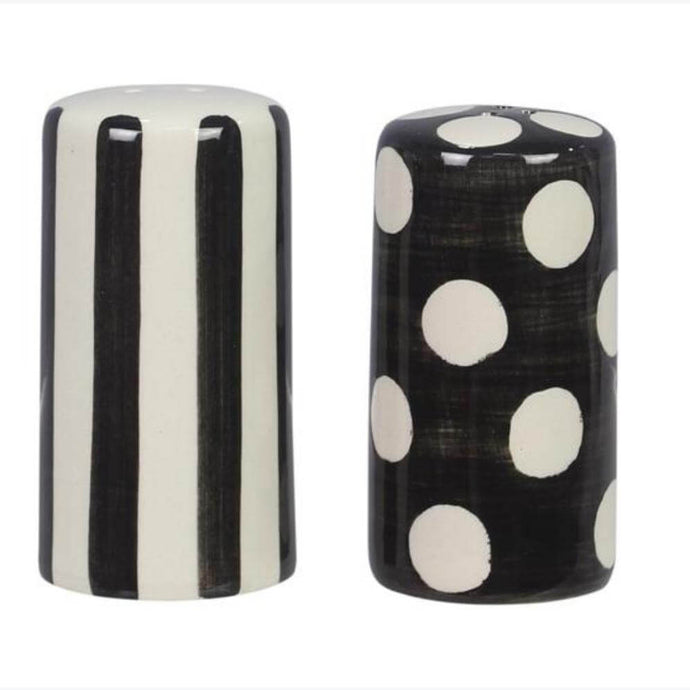 Black and White Polka Dot Stripe Ceramic Salt and Pepper Shaker Set