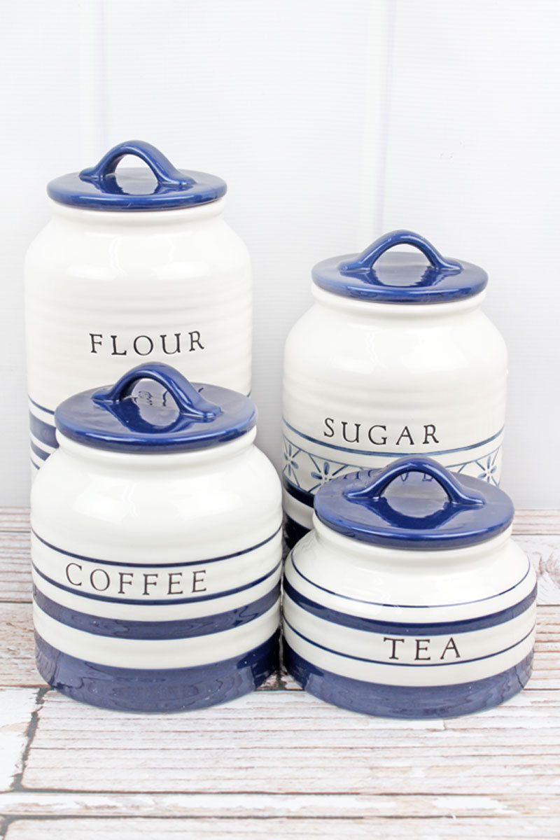Blue and White Ceramic Coffee Tea Sugar Flour Canister Set