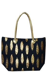 Large Metallic Gold Feather Shoulder Travel Tote