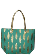 Load image into Gallery viewer, Large Metallic Gold Feather Shoulder Travel Tote