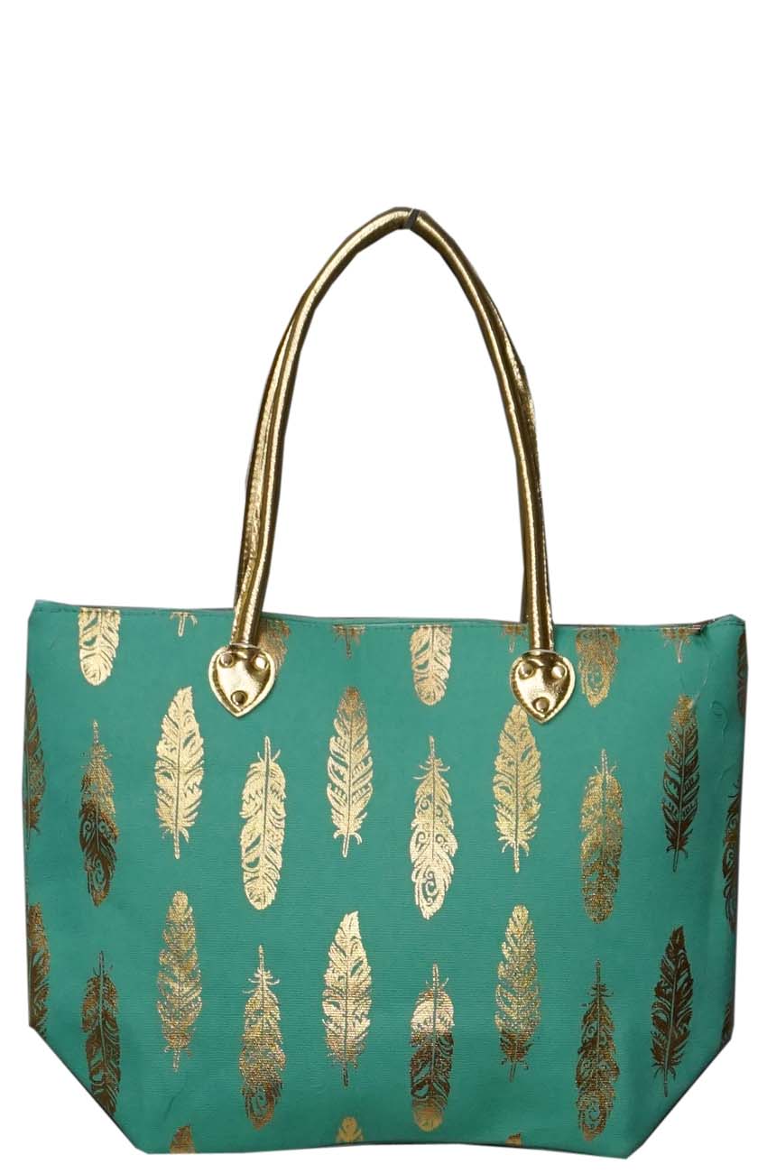 Large Metallic Gold Feather Shoulder Travel Tote