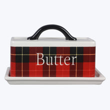 Load image into Gallery viewer, Ceramic Black and Red Plaid Butter Dish