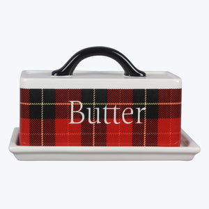 Ceramic Black and Red Plaid Butter Dish