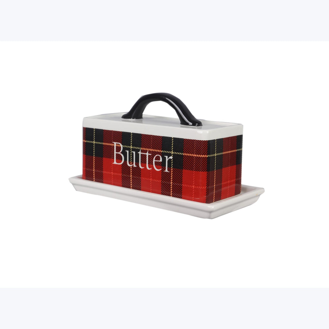 Ceramic Black and Red Plaid Butter Dish