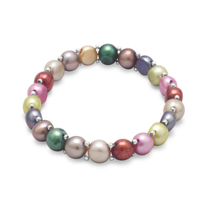 Multi-Color Cultured Freshwater Pearl and Sterling Silver Bead Stretch Bracelet - SoMag2