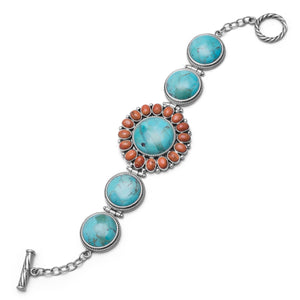 Reconstituted Turquoise and Coral Sunburst Toggle Bracelet - SoMag2
