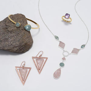 Sterling Silver Aquamarine and Rose Quartz Drop Necklace - SoMag2