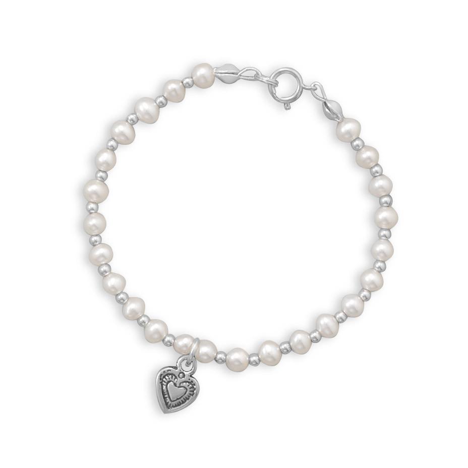 Cultured Freshwater Pearl and Silver Bead Bracelet with Oxidized Heart - SoMag2