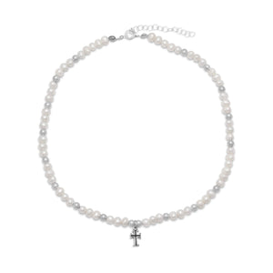 White Cultured Freshwater Pearl and Silver Bead Necklace with Cross Drop - SoMag2
