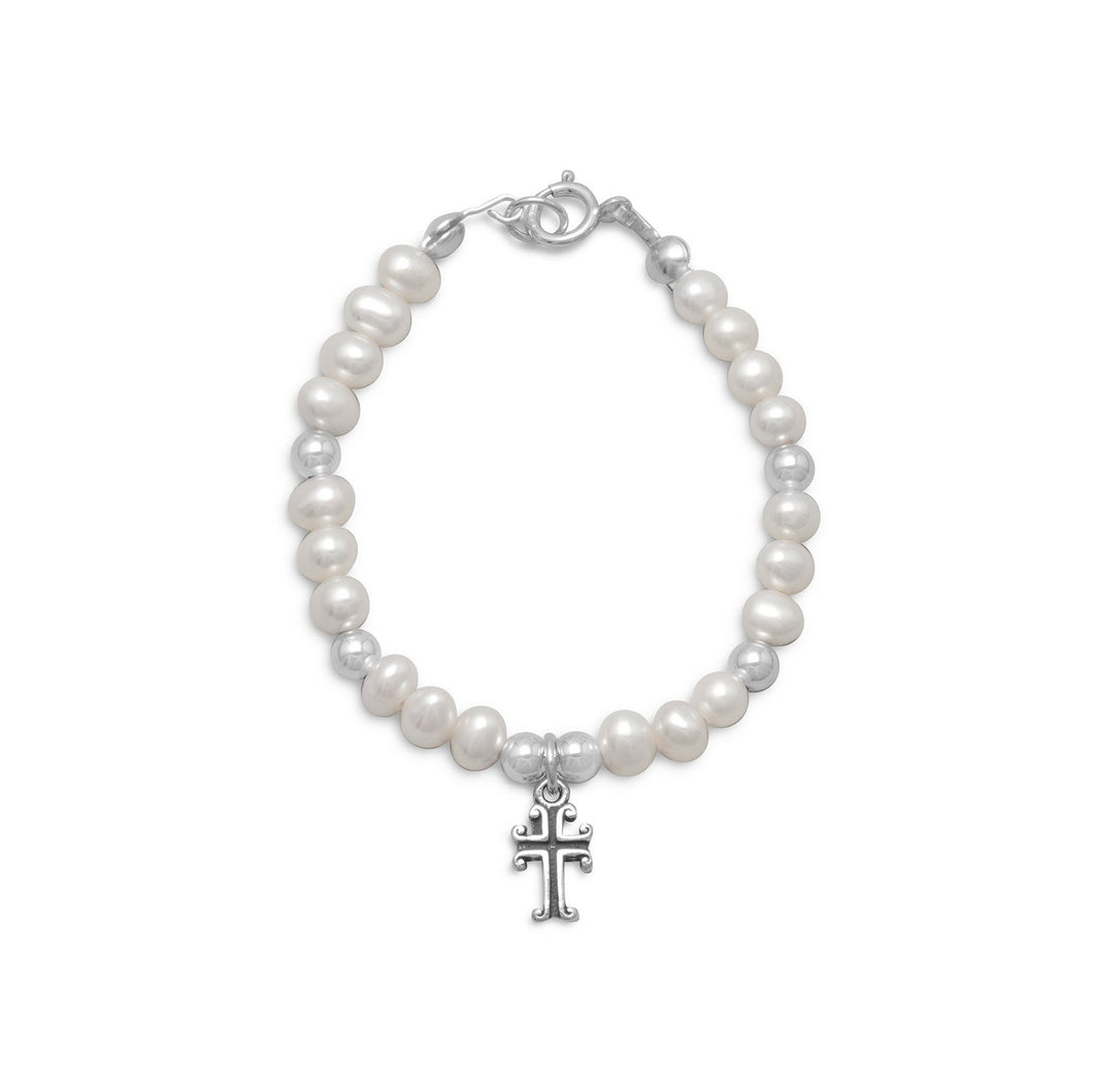 White Cultured Freshwater Pearl and Silver Bead Bracelet with Cross - SoMag2