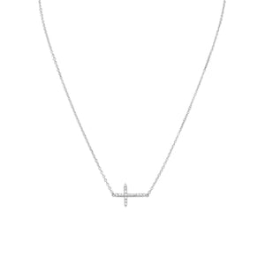 Rhodium Plated CZ Sideways Cross Necklace - SoMag2