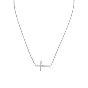 Rhodium Plated Polished Sideways Cross Necklace - SoMag2