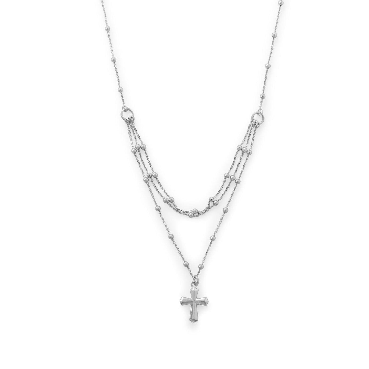Rhodium Plated Three Row Necklace with Cross - SoMag2
