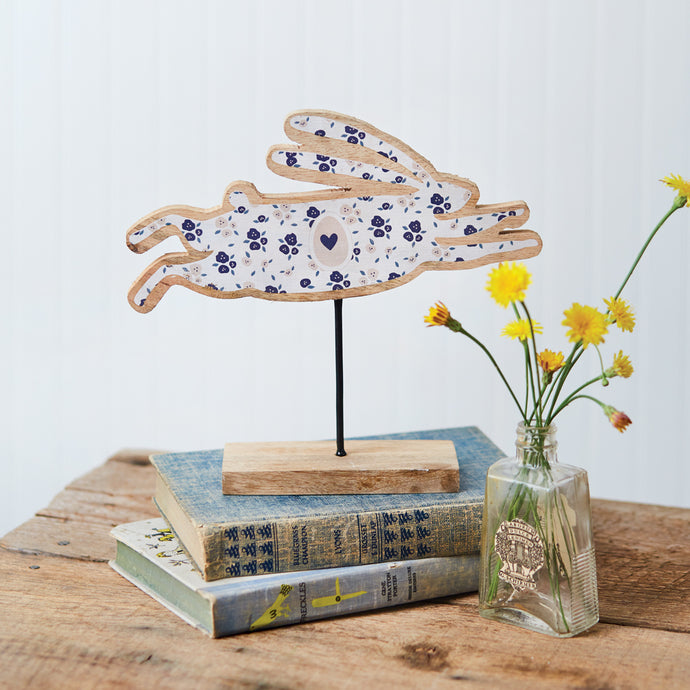 Blue Floral Wood Bunny On Metal Stand