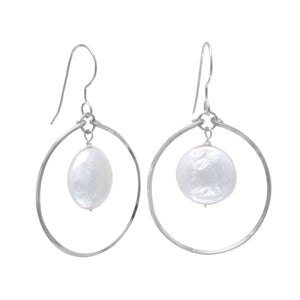 Open Circle French Wire Earrings with Coin Pearl Drop - SoMag2