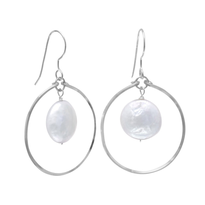 Open Circle French Wire Earrings with Coin Pearl Drop - SoMag2