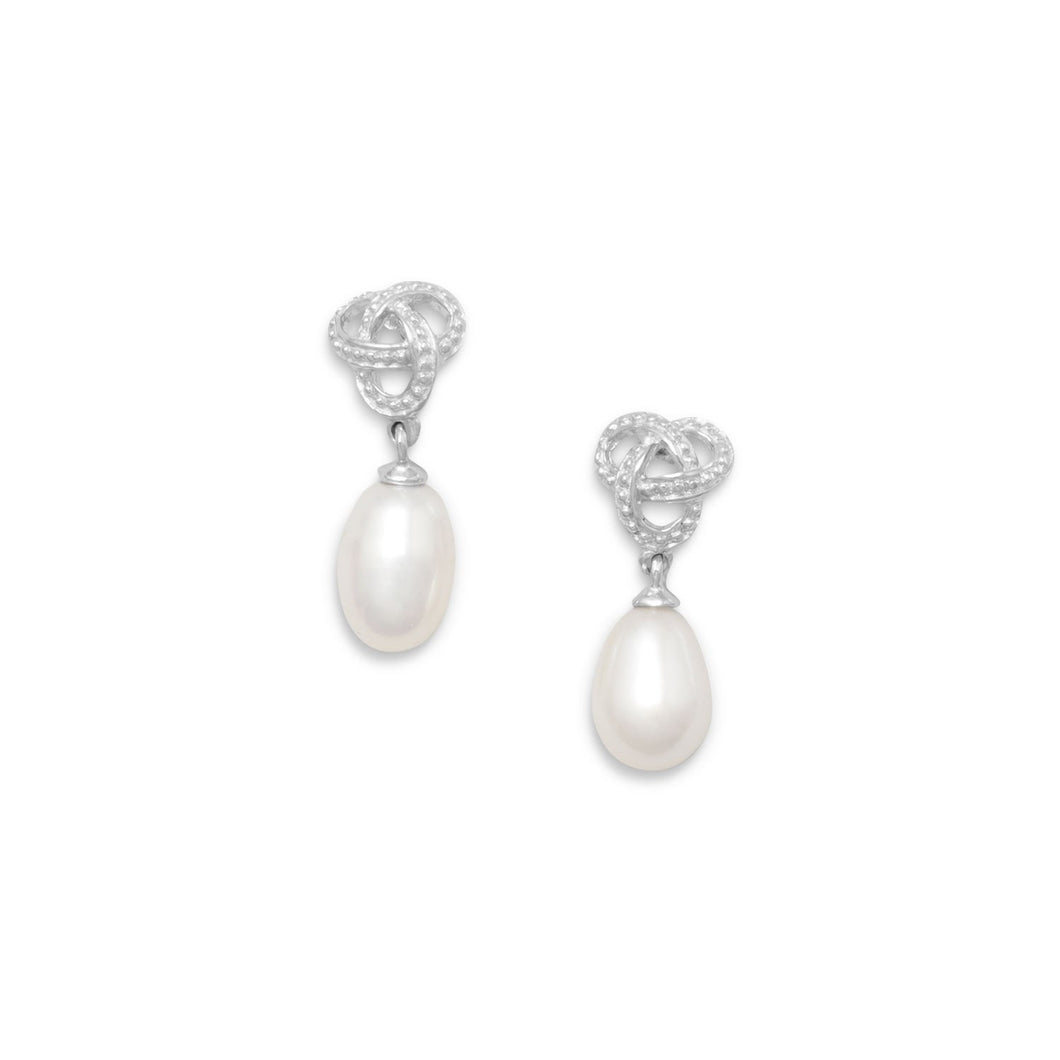 Rhodium Plated Love Knot Earrings with Cultured Freshwater Pearl Drop - SoMag2