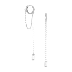Rhodium Plated CZ Huggie Hoop Earrings with Chain Drop - SoMag2