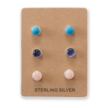 Load image into Gallery viewer, Set of 3 Synthetic Pink Opal, Reconstituted Turquoise, and Iolite Button Studs - SoMag2