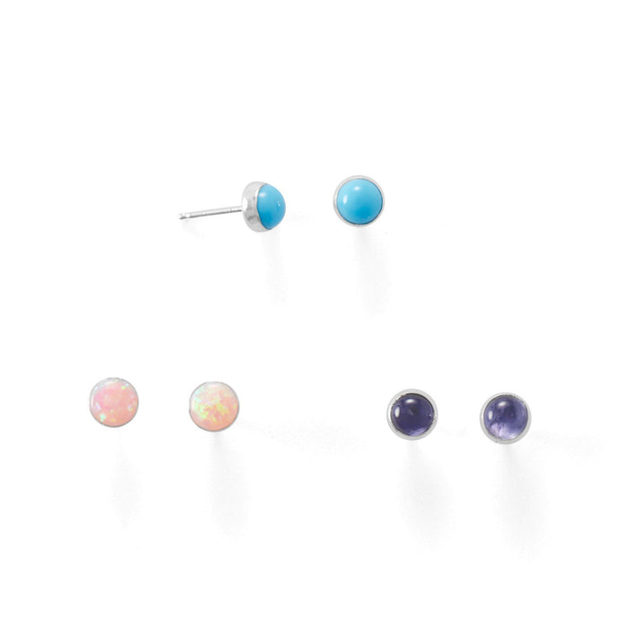 Set of 3 Synthetic Pink Opal, Reconstituted Turquoise, and Iolite Button Studs - SoMag2