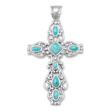 Load image into Gallery viewer, Ornate Oxidized Reconstituted Turquoise Cross Pendant - SoMag2