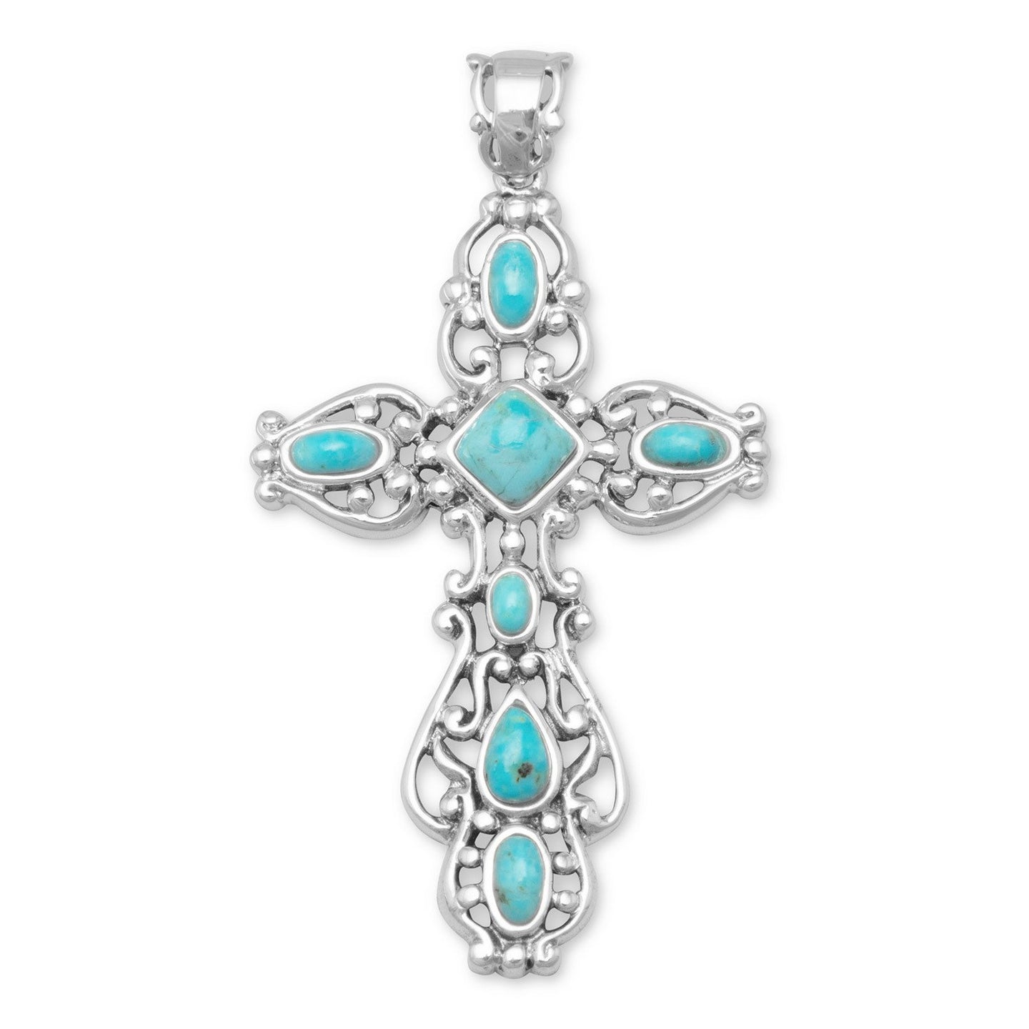 Ornate Oxidized Reconstituted Turquoise Cross Pendant - SoMag2