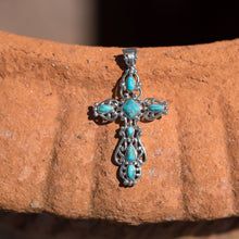 Load image into Gallery viewer, Ornate Oxidized Reconstituted Turquoise Cross Pendant - SoMag2
