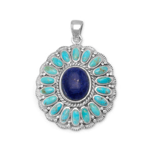 Oxidized Reconstituted Turquoise and Lapis Flower Pendant - SoMag2