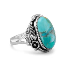Load image into Gallery viewer, Oval Reconstituted Turquoise Floral Design Ring - SoMag2